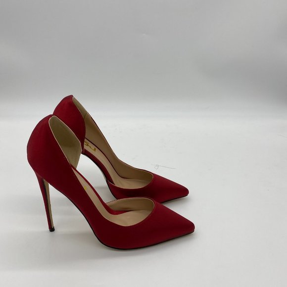 FSJ Red Satin Pointed Toe D'Orsay Stiletto Pumps - Picture 2 of 9